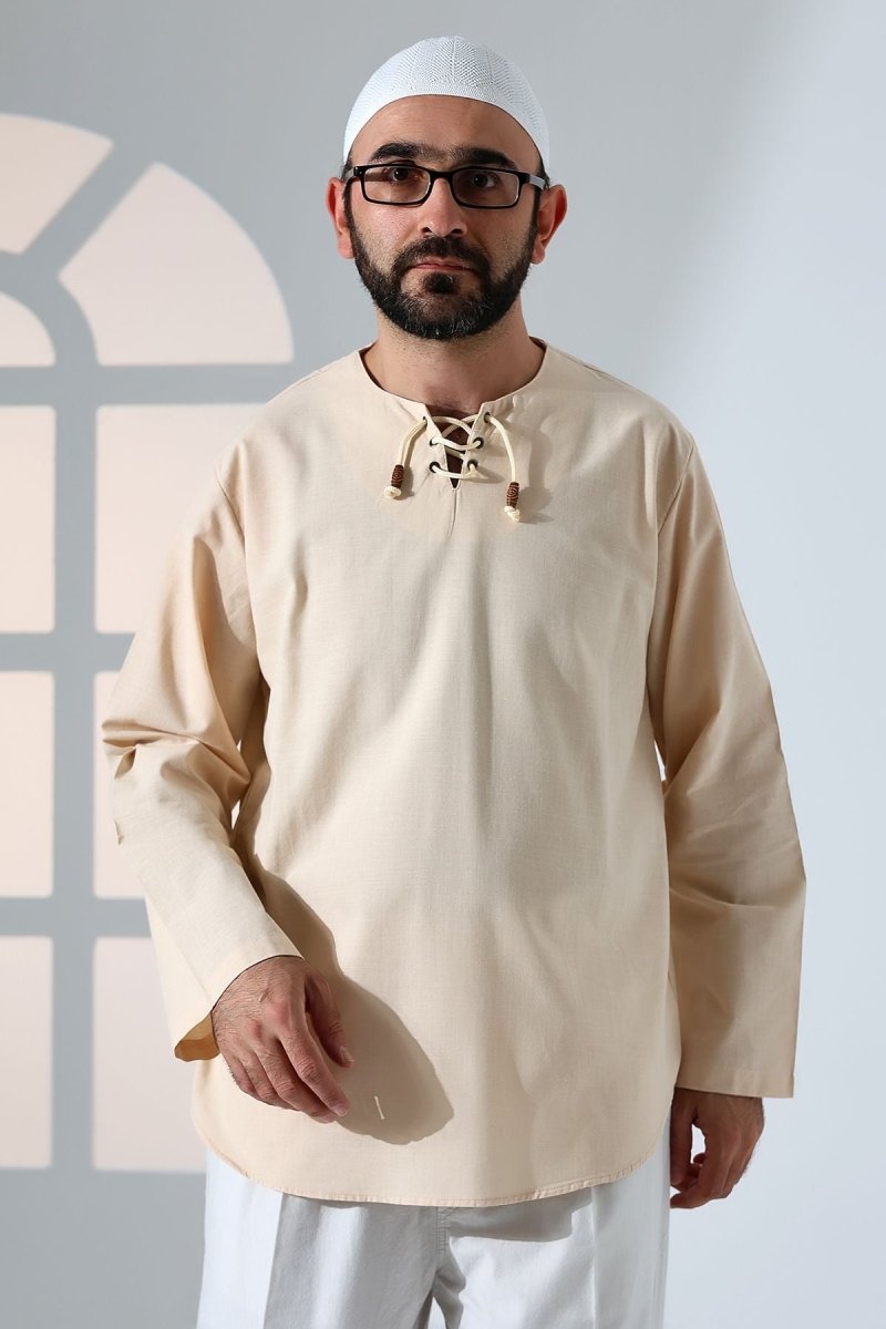 Men's Crew Neck, Lace-Up, Long-Sleeved Linen Shirt, Cream - ihvan