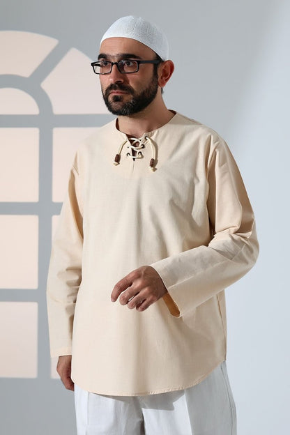 Men's Crew Neck, Lace-Up, Long-Sleeved Linen Shirt, Cream - ihvan