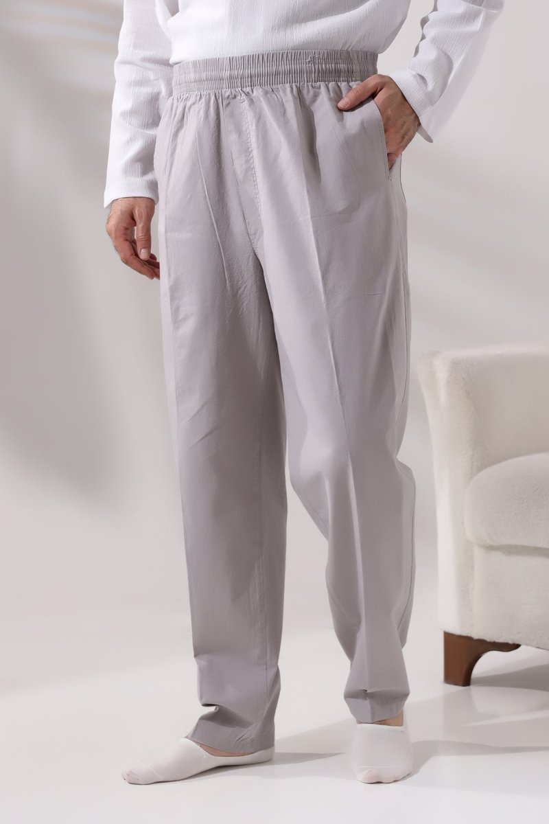 Men's Dark Grey Relaxed Fit Linen Hajj and Umrah Harem Pants with Elastic Waistband - ihvan