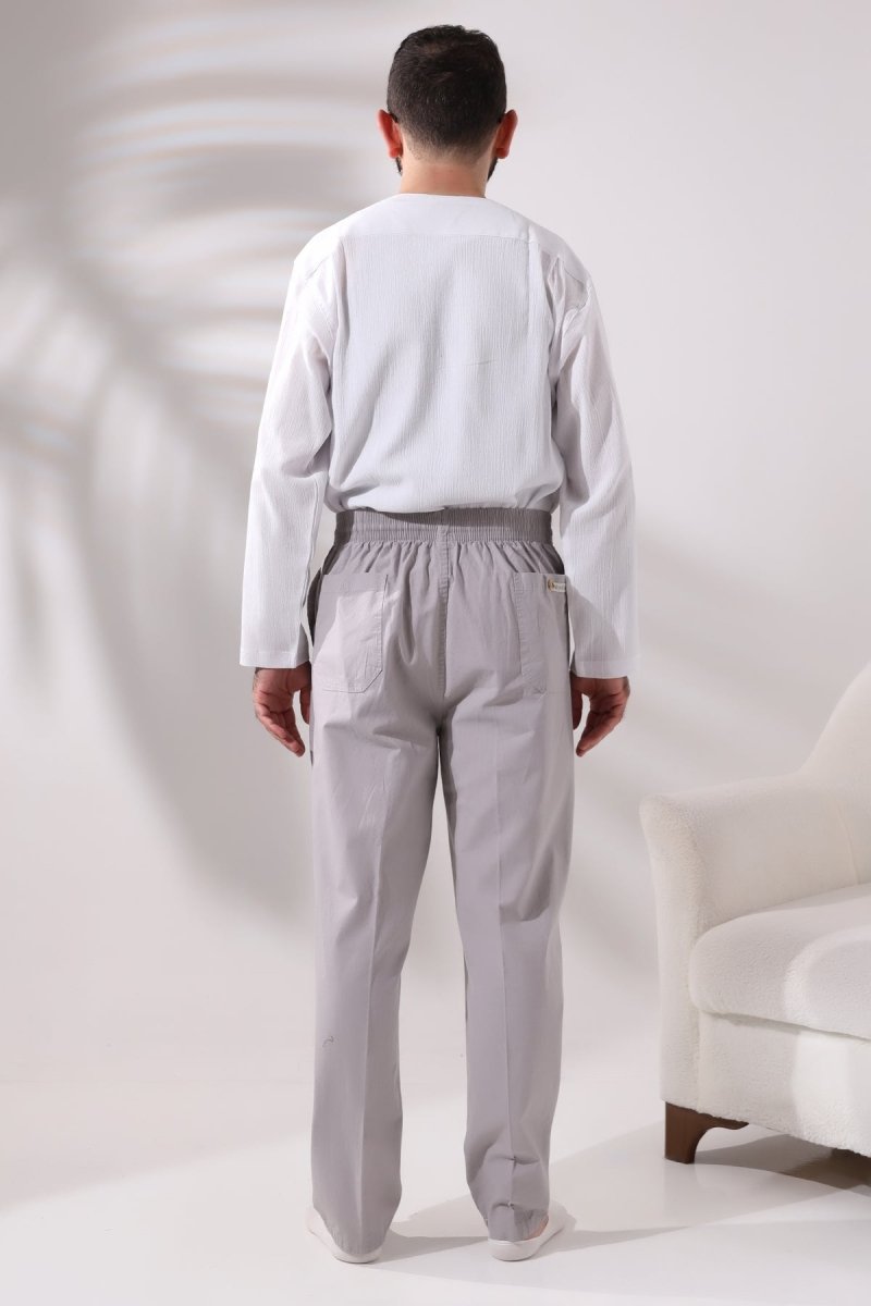 Men's Dark Grey Relaxed Fit Linen Hajj and Umrah Harem Pants with Elastic Waistband - ihvan