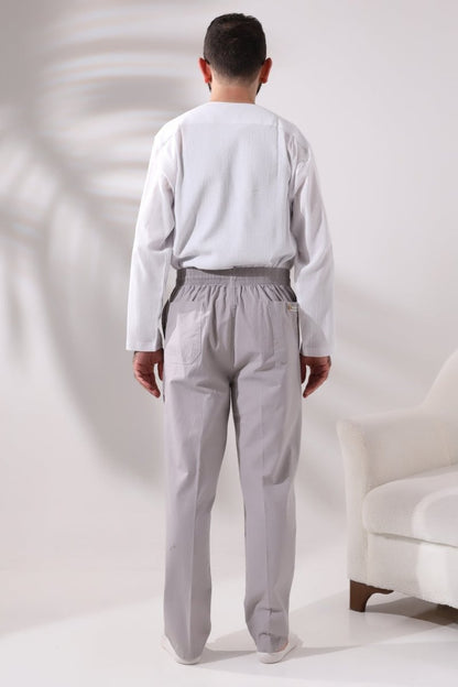 Men's Dark Grey Relaxed Fit Linen Hajj and Umrah Harem Pants with Elastic Waistband - ihvan