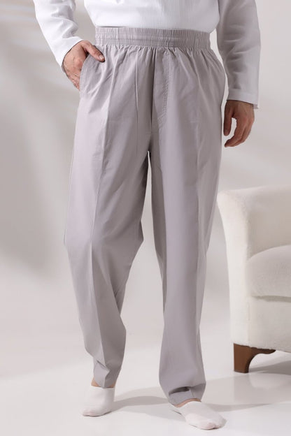 Men's Dark Grey Relaxed Fit Linen Hajj and Umrah Harem Pants with Elastic Waistband - ihvan