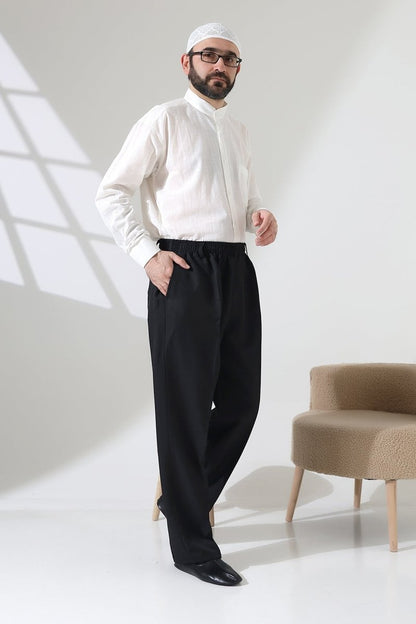 Men's Elastic Waistband Pocketed Fabric Hajj/Umrah Trousers - Black (ISR) - ihvan