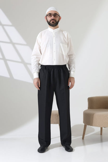 Men's Elastic Waistband Pocketed Fabric Hajj/Umrah Trousers - Black (ISR) - ihvan