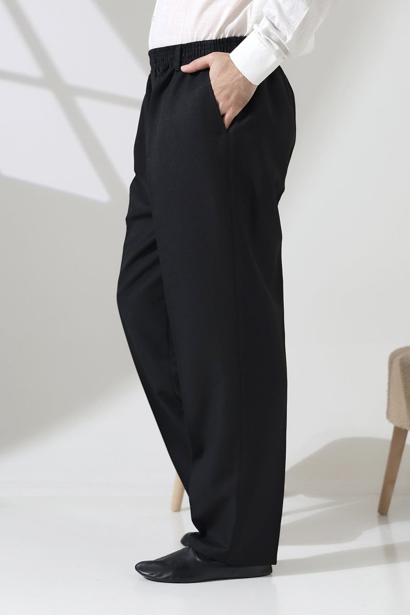 Men's Elastic Waistband Pocketed Fabric Hajj/Umrah Trousers - Black (ISR) - ihvan