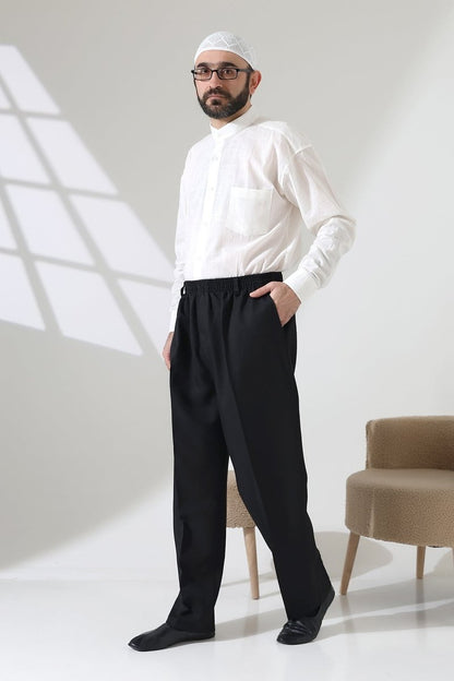 Men's Elastic Waistband Pocketed Fabric Hajj/Umrah Trousers - Black (ISR) - ihvan