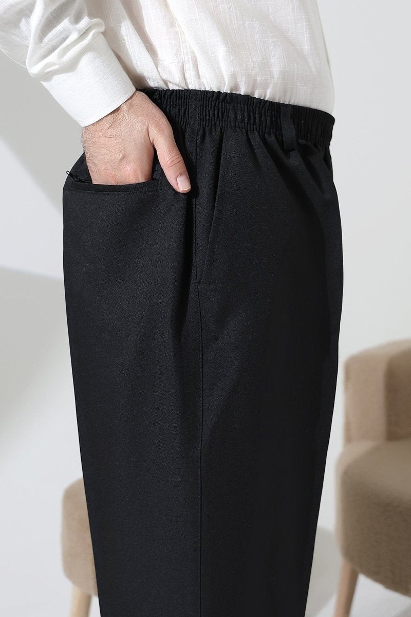 Men's Elastic Waistband Pocketed Fabric Hajj/Umrah Trousers - Black (ISR) - ihvan