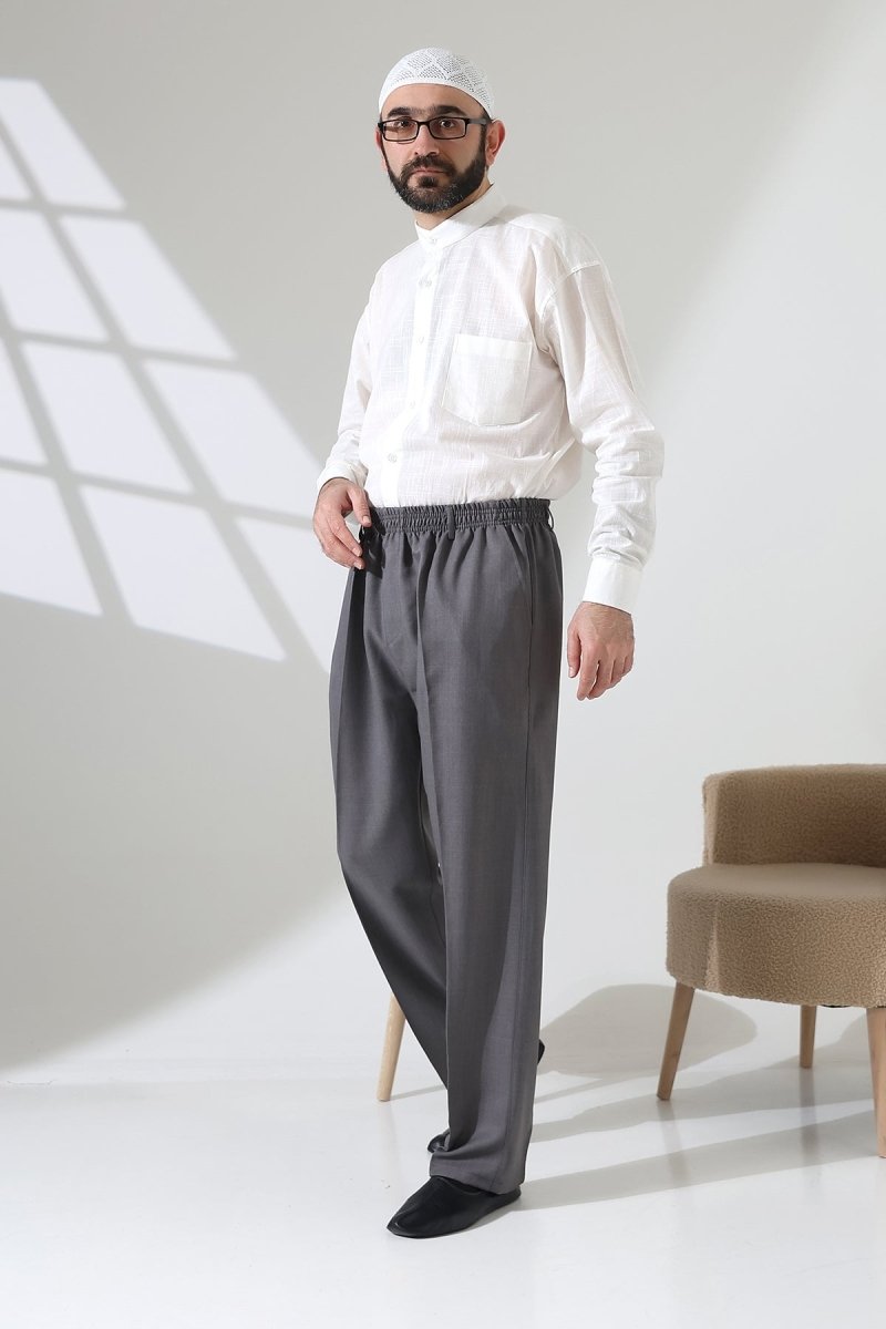 Men's Elastic Waistband Pocketed Fabric Hajj/Umrah Trousers - Light Grey (ISR) - ihvan