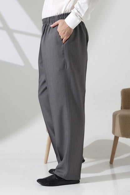 Men's Elastic Waistband Pocketed Fabric Hajj/Umrah Trousers - Light Grey (ISR) - ihvan