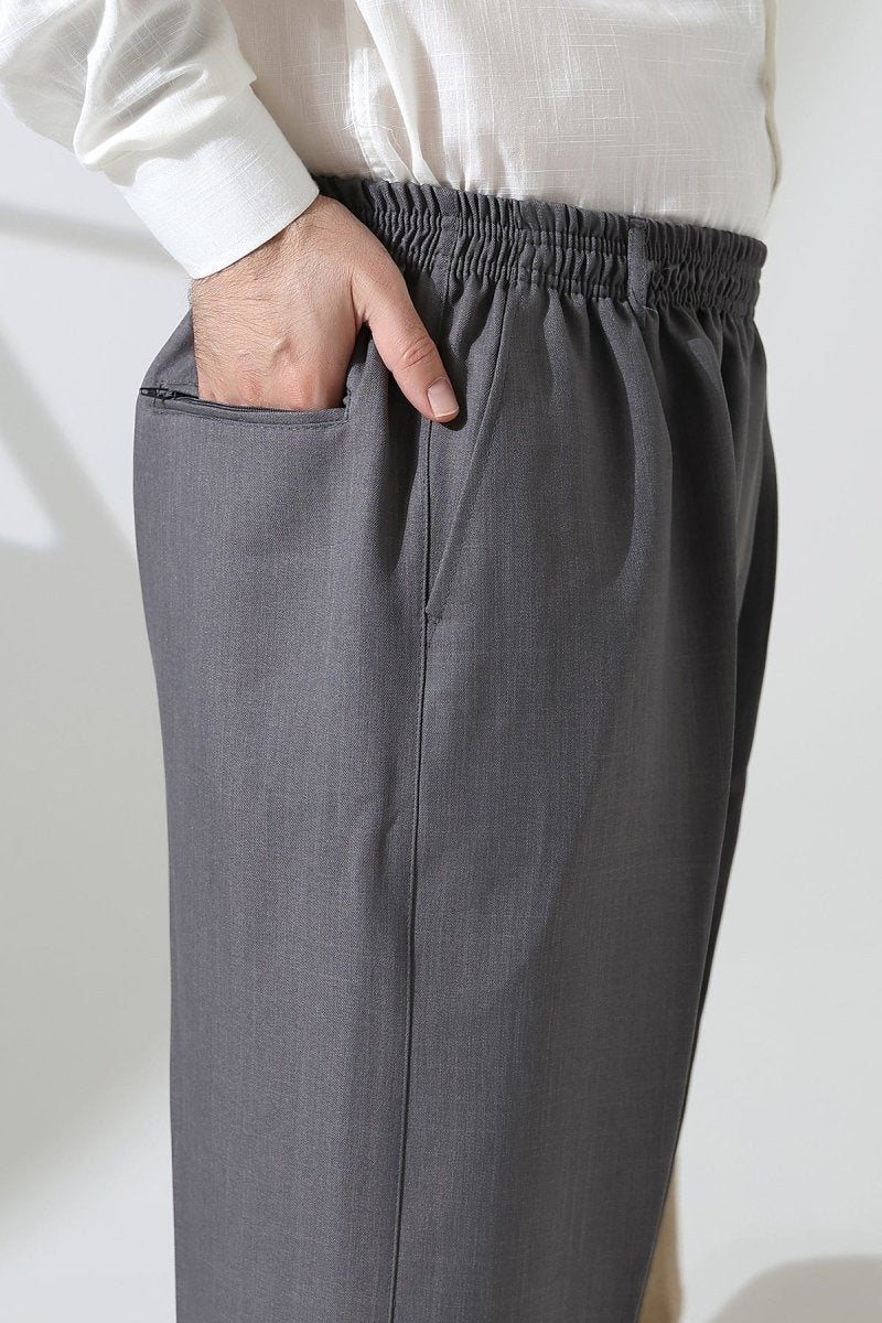 Men's Elastic Waistband Pocketed Fabric Hajj/Umrah Trousers - Light Grey (ISR) - ihvan
