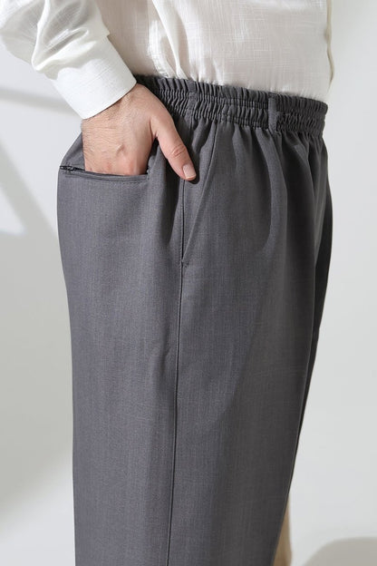 Men's Elastic Waistband Pocketed Fabric Hajj/Umrah Trousers - Light Grey (ISR) - ihvan