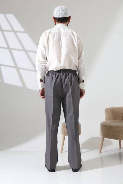 Men's Elastic Waistband Pocketed Fabric Hajj/Umrah Trousers - Light Grey (ISR) - ihvan