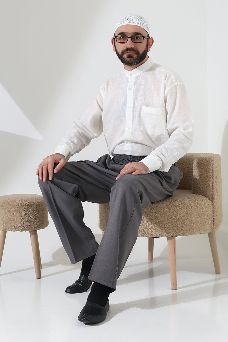 Men's Elastic Waistband Pocketed Fabric Hajj/Umrah Trousers - Light Grey (ISR) - ihvan