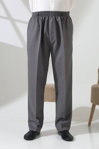 Men's Elastic Waistband Pocketed Fabric Hajj/Umrah Trousers - Light Grey (ISR) - ihvan