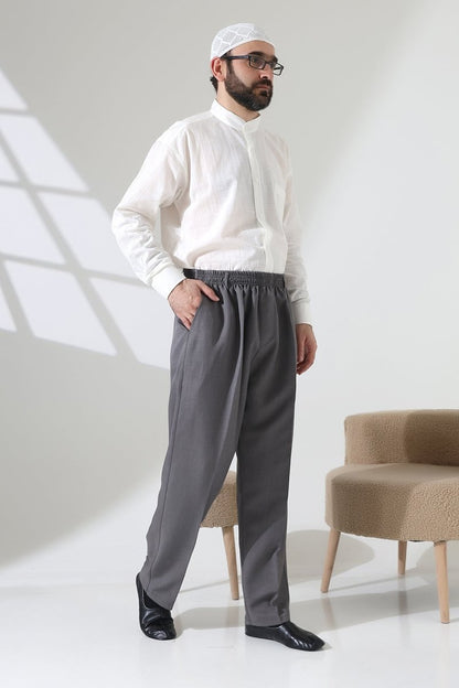 Men's Elastic Waistband Pocketed Fabric Hajj/Umrah Trousers - Light Grey (ISR) - ihvan