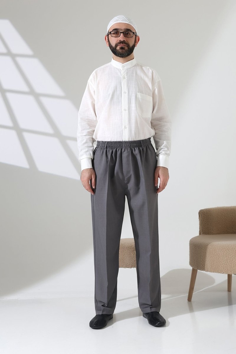 Men's Elastic Waistband Pocketed Fabric Hajj/Umrah Trousers - Light Grey (ISR) - ihvan