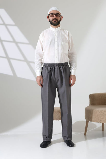 Men's Elastic Waistband Pocketed Fabric Hajj/Umrah Trousers - Light Grey (ISR) - ihvan
