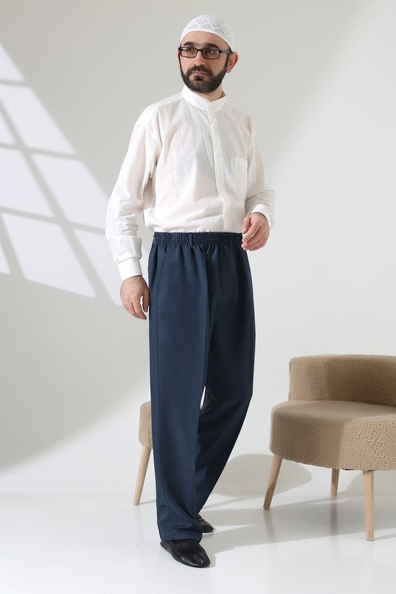 Men's Elastic Waistband Pocketed Fabric Hajj/Umrah Trousers - Petrol(ISR) - ihvan