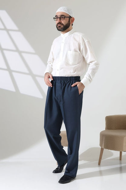 Men's Elastic Waistband Pocketed Fabric Hajj/Umrah Trousers - Petrol(ISR) - ihvan