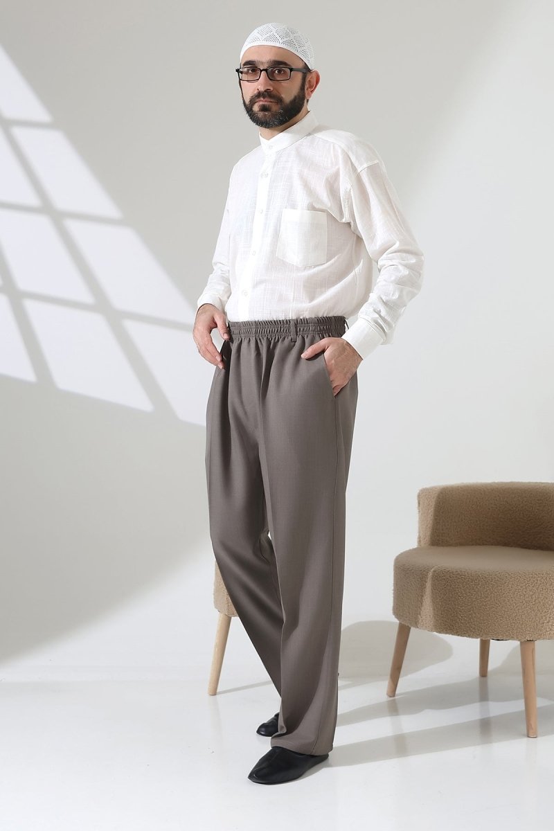 Men's Elastic Waistband Pocketed Fabric Hajj/Umrah Trousers - Toprak(ISR) - ihvan