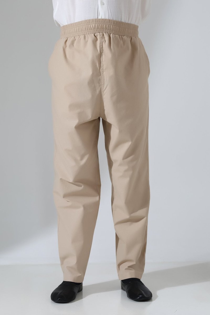 Men's Elastic Waistband Pocketed Hajj/Umrah Linen Harem Pants - Beige (VŞN) - ihvan