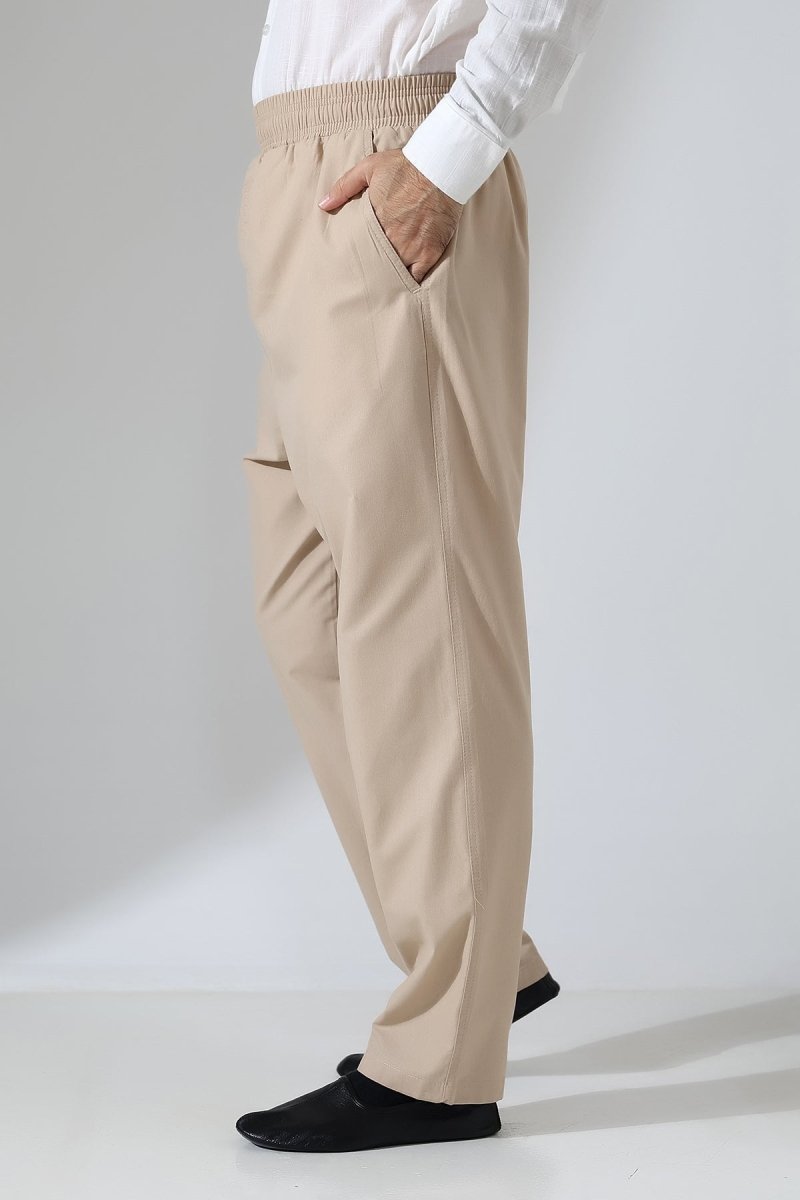 Men's Elastic Waistband Pocketed Hajj/Umrah Linen Harem Pants - Beige (VŞN) - ihvan
