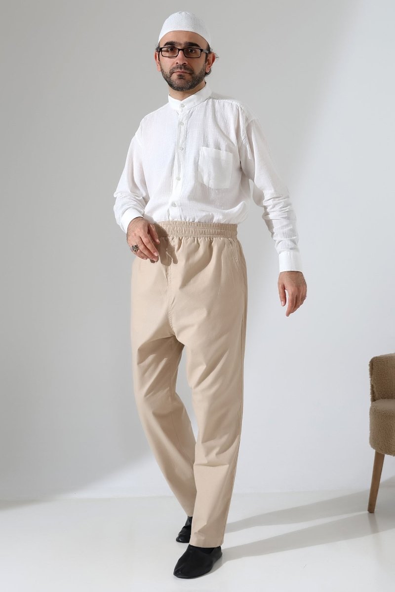 Men's Elastic Waistband Pocketed Hajj/Umrah Linen Harem Pants - Beige (VŞN) - ihvan