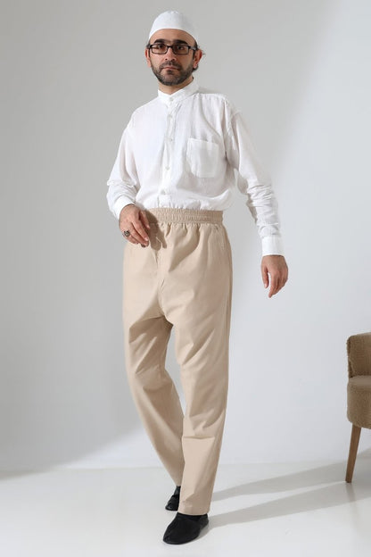 Men's Elastic Waistband Pocketed Hajj/Umrah Linen Harem Pants - Beige (VŞN) - ihvan