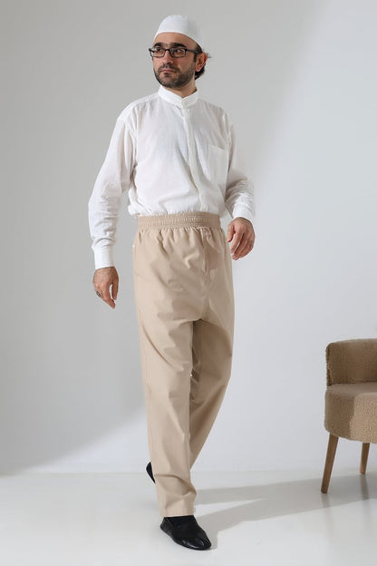 Men's Elastic Waistband Pocketed Hajj/Umrah Linen Harem Pants - Beige (VŞN) - ihvan