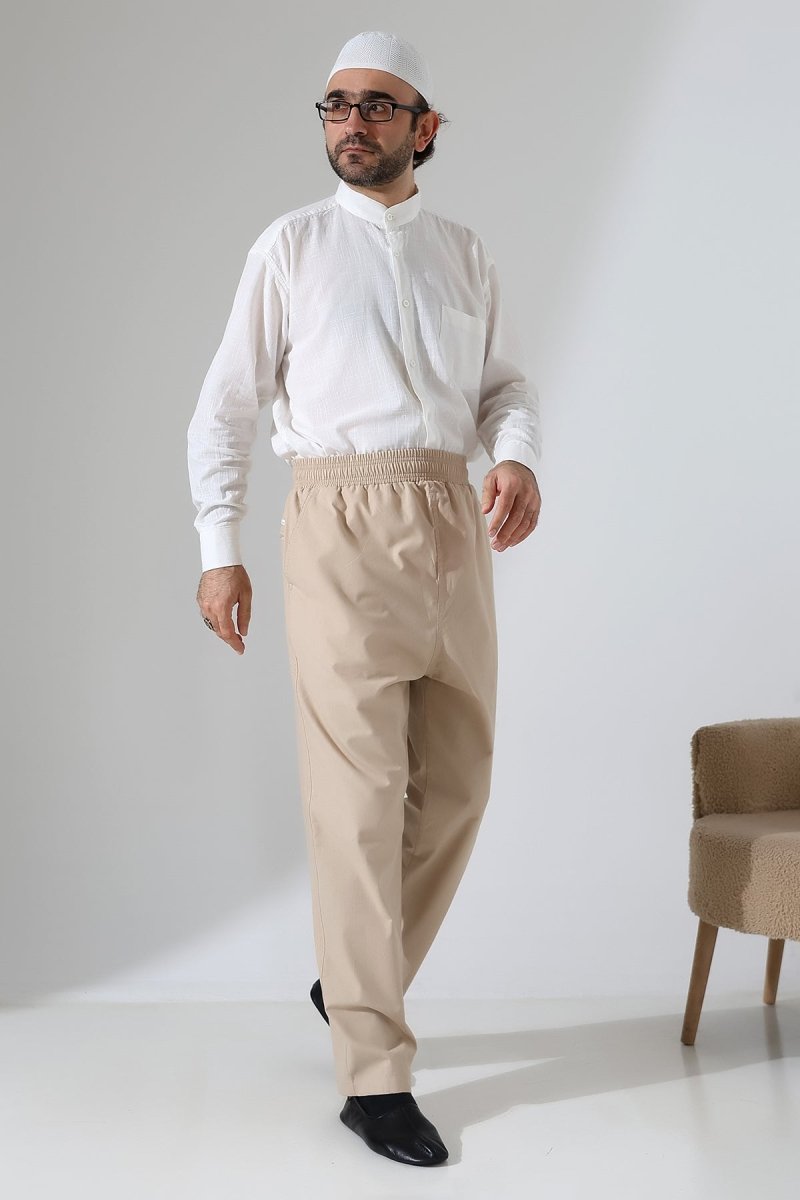 Men's Elastic Waistband Pocketed Hajj/Umrah Linen Harem Pants - Beige (VŞN) - ihvan