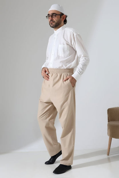 Men's Elastic Waistband Pocketed Hajj/Umrah Linen Harem Pants - Beige (VŞN) - ihvan