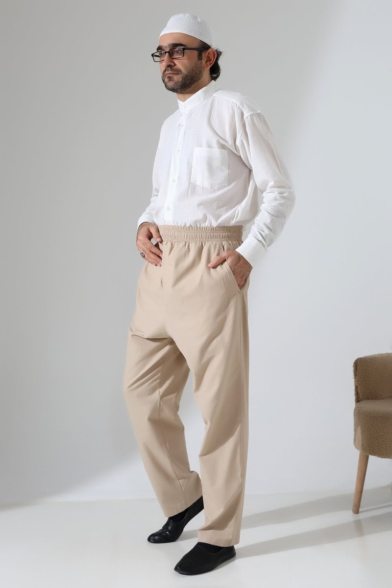 Men's Elastic Waistband Pocketed Hajj/Umrah Linen Harem Pants - Beige (VŞN) - ihvan