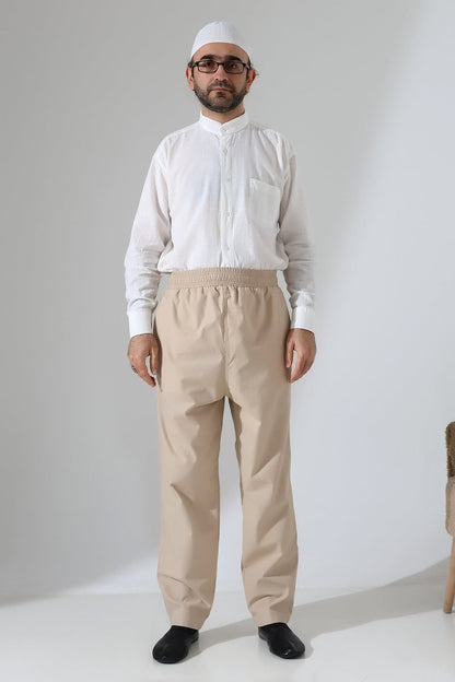Men's Elastic Waistband Pocketed Hajj/Umrah Linen Harem Pants - Beige (VŞN) - ihvan
