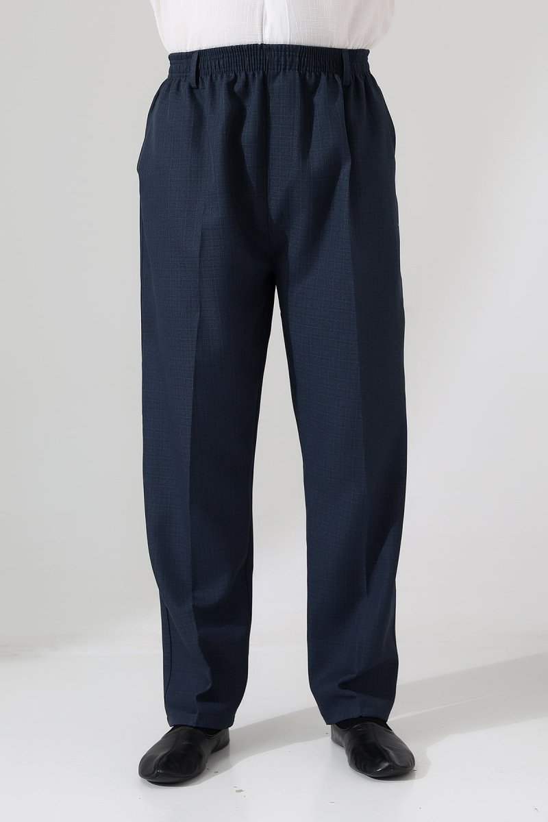 Men's Graf Plaid Fabric Harem Pants, Elastic Waistband with Pockets - Blue (ISR) - ihvan