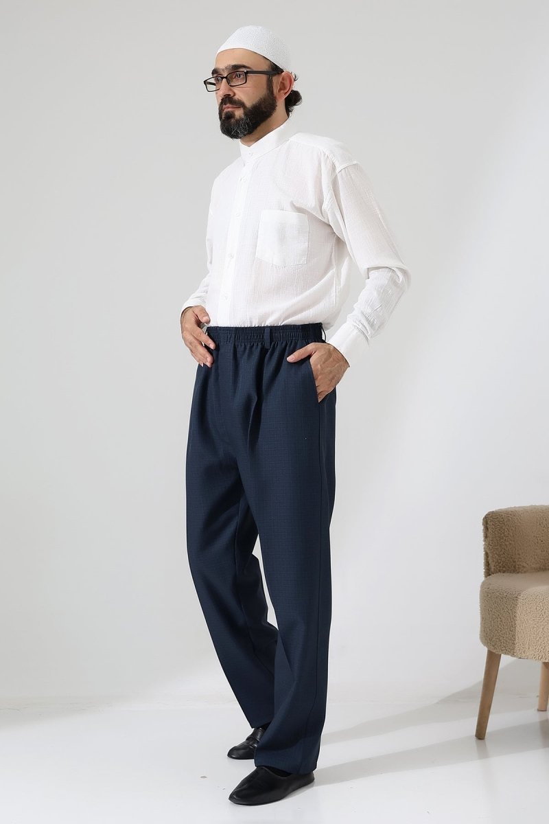 Men's Graf Plaid Fabric Harem Pants, Elastic Waistband with Pockets - Blue (ISR) - ihvan