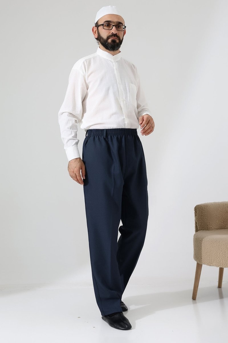 Men's Graf Plaid Fabric Harem Pants, Elastic Waistband with Pockets - Blue (ISR) - ihvan