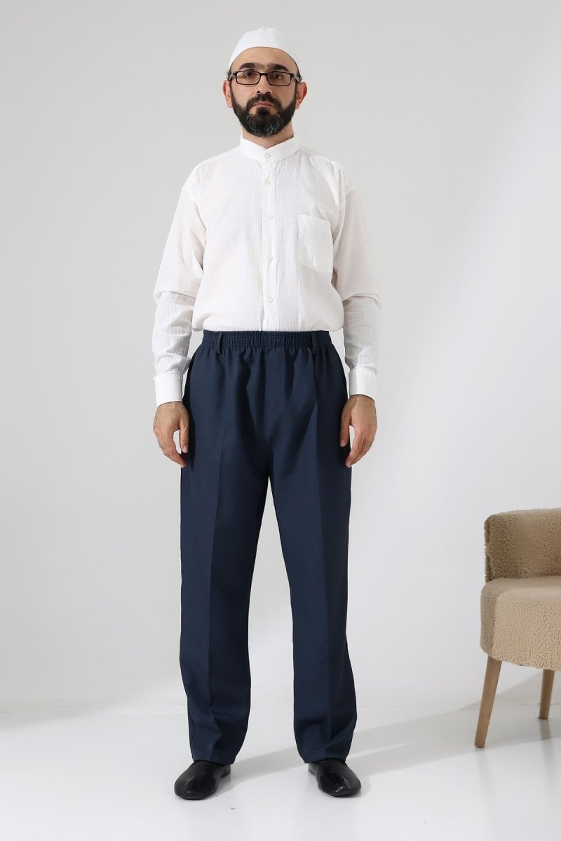 Men's Graf Plaid Fabric Harem Pants, Elastic Waistband with Pockets - Blue (ISR) - ihvan