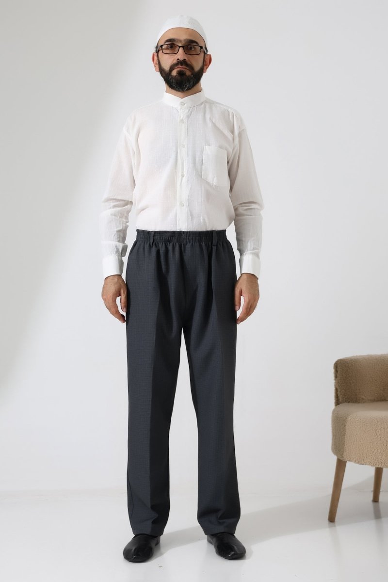 Men's Graf Plaid Fabric Harem Pants, Elastic Waistband with Pockets - Dark Gray (ISR) - ihvan