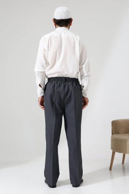 Men's Graf Plaid Fabric Harem Pants, Elastic Waistband with Pockets - Dark Gray (ISR) - ihvan