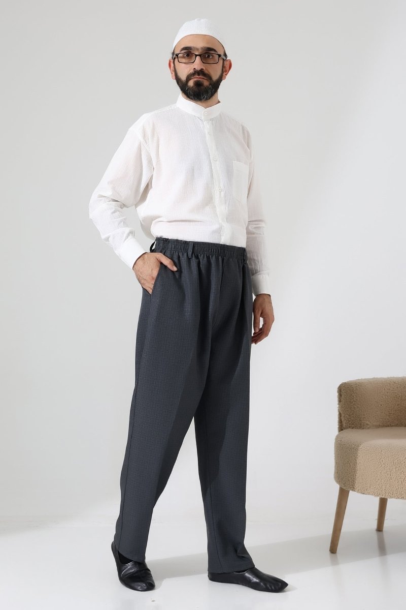 Men's Graf Plaid Fabric Harem Pants, Elastic Waistband with Pockets - Dark Gray (ISR) - ihvan
