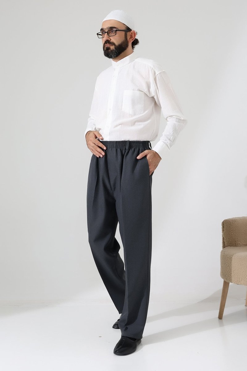 Men's Graf Plaid Fabric Harem Pants, Elastic Waistband with Pockets - Dark Gray (ISR) - ihvan