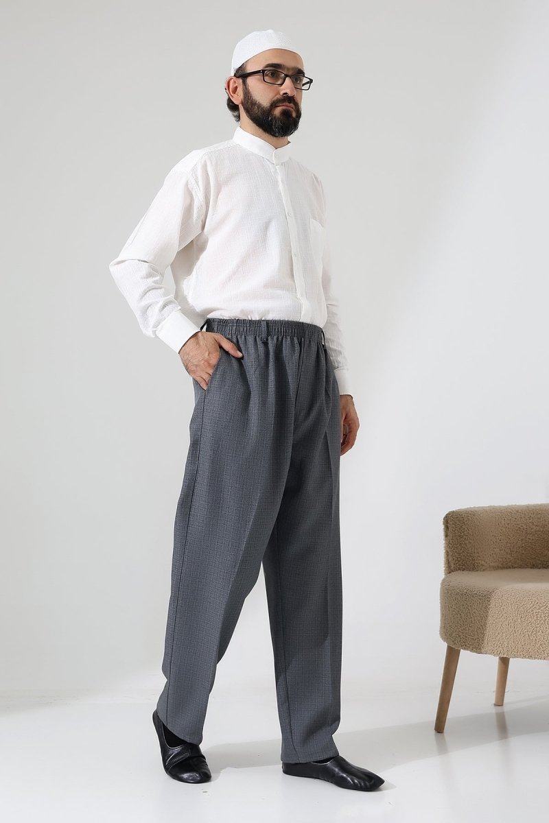 Men's Graf Plaid Fabric Harem Pants, Elastic Waistband with Pockets - Grey (ISR) - ihvan