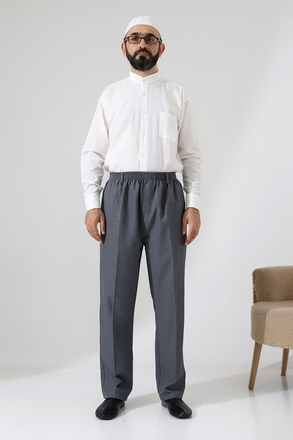 Men's Graf Plaid Fabric Harem Pants, Elastic Waistband with Pockets - Grey (ISR) - ihvan