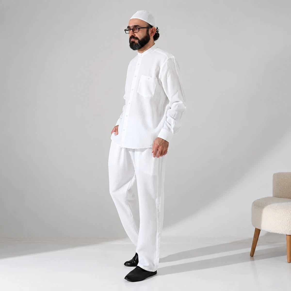 Men’s Hajj & Umrah Muslin Shirt and Trousers Set – Mandarin Collar (ANS) - ihvan