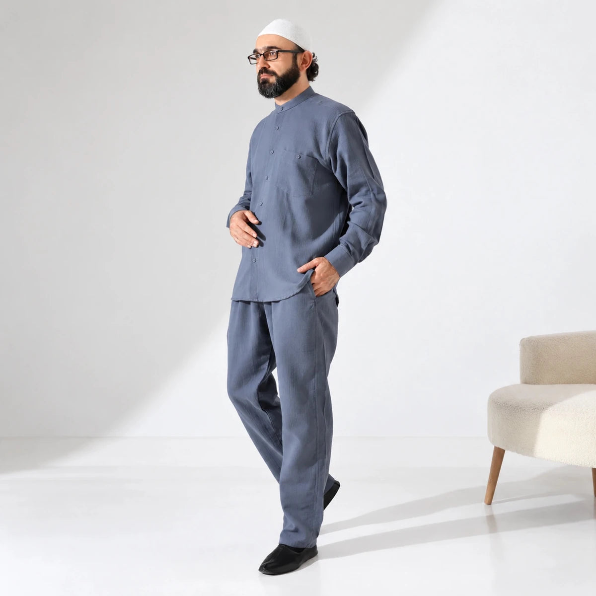 Men’s Hajj & Umrah Muslin Shirt and Trousers Set – Mandarin Collar (ANS) - ihvan