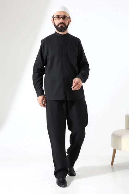 Men’s Hajj & Umrah Muslin Shirt and Trousers Set – Mandarin Collar (ANS) - ihvan