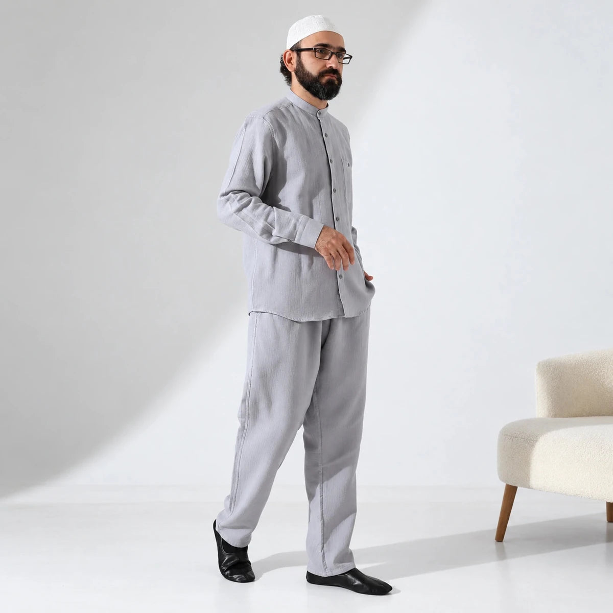 Men’s Hajj & Umrah Muslin Shirt and Trousers Set – Mandarin Collar (ANS) - ihvan