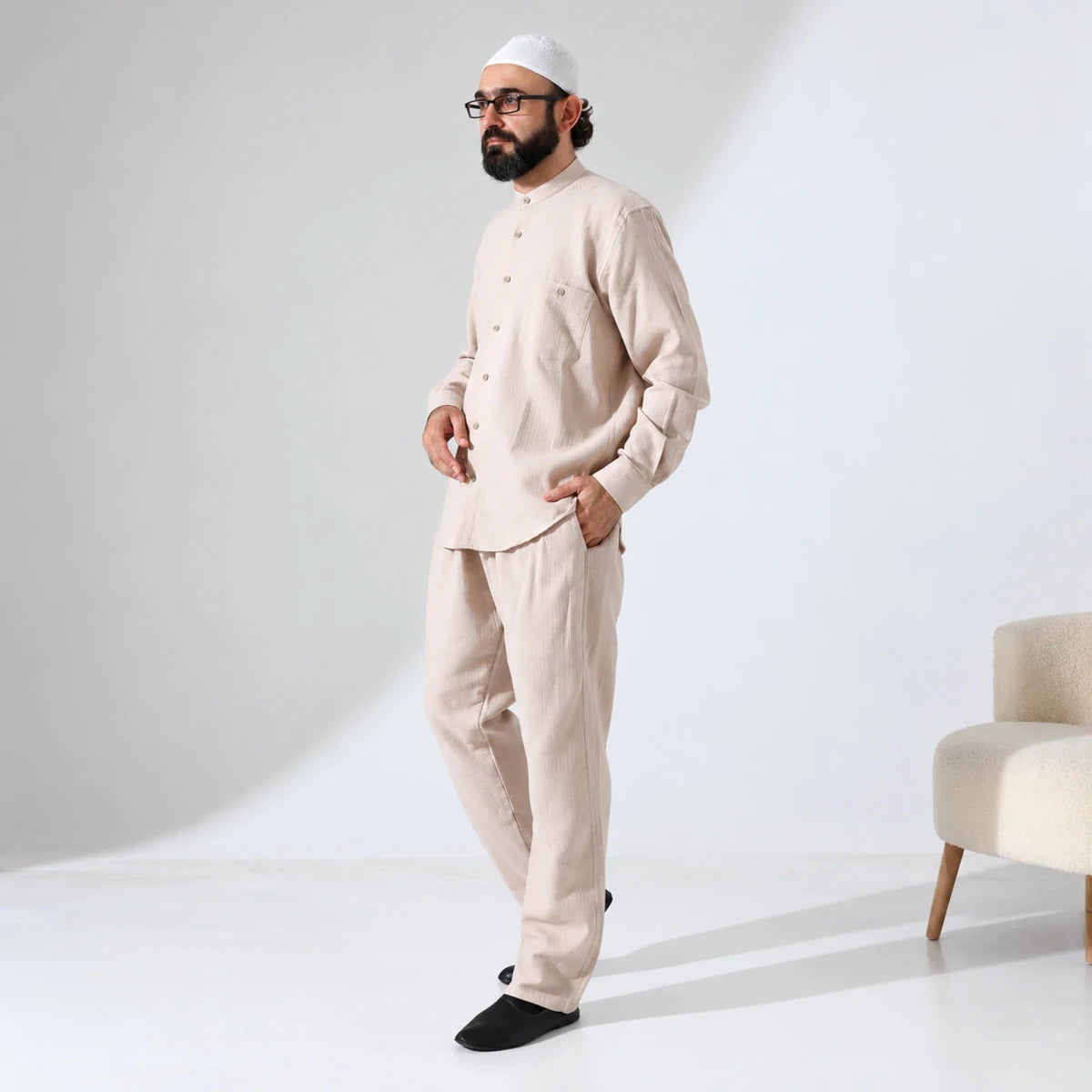 Men’s Hajj & Umrah Muslin Shirt and Trousers Set – Mandarin Collar (ANS) - ihvan