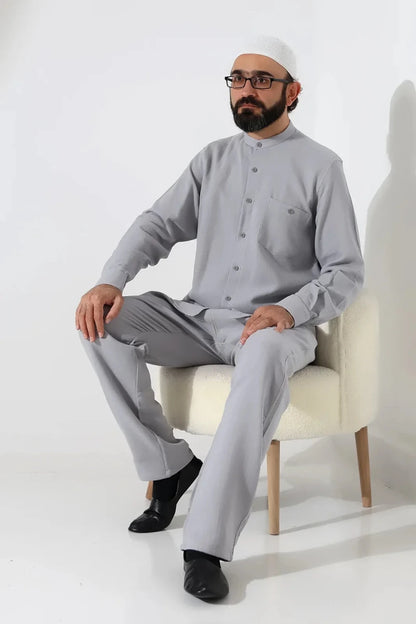 Men’s Hajj & Umrah Muslin Shirt and Trousers Set – Mandarin Collar (ANS) - ihvan