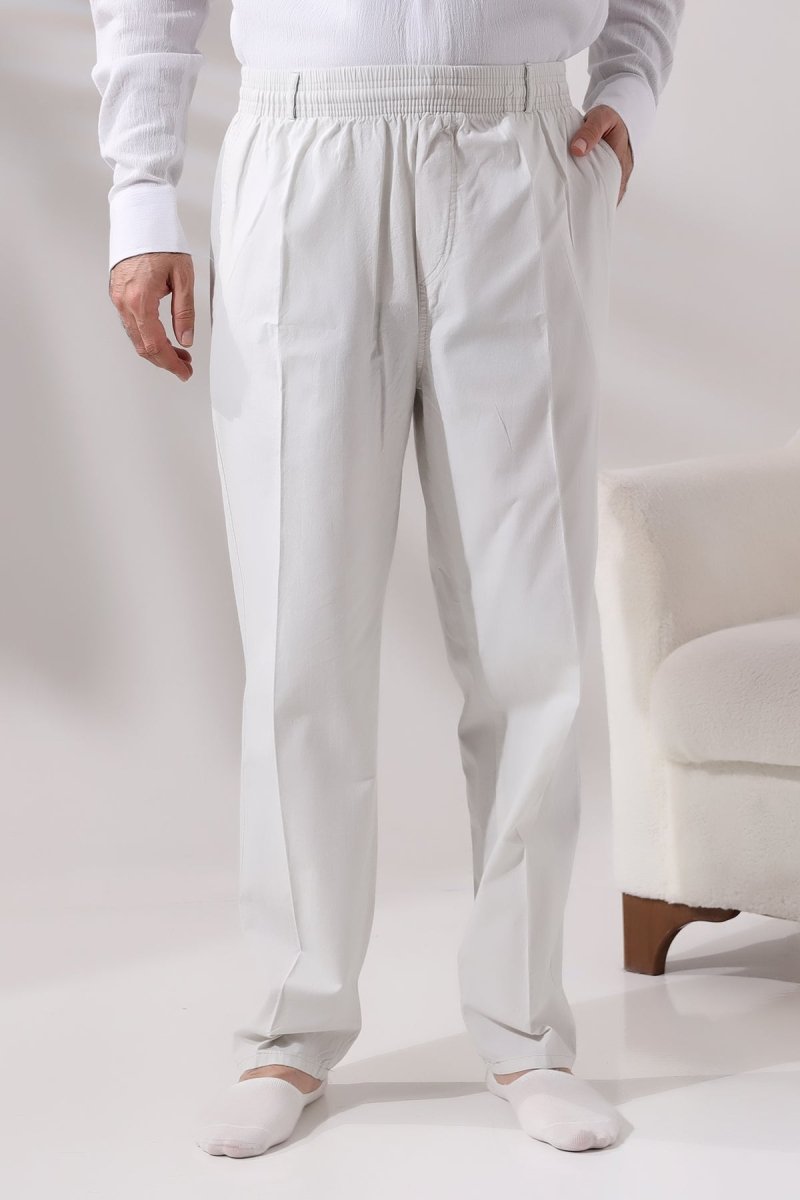 Men's Light Grey Relaxed Fit Linen Hajj and Umrah Harem Pants with Elastic Waistband - ihvan